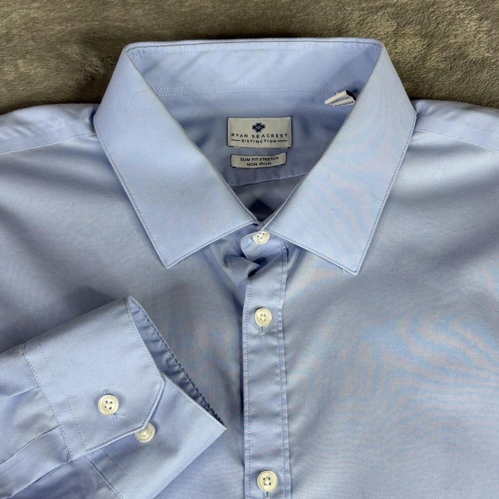 Ryan Seacrest Distinction Shirt Men 18 34/35 Blue Slim Stretch Non Iron‎ Dress